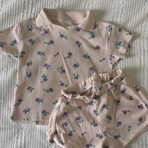 Zara Kids Pink Floral Waffle Knit Polo Top & Shorts Set